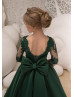 Long Sleeves Emerald Green Lace Satin Flower Girl Dress